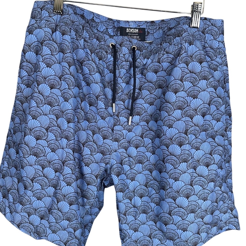 Benson Mens Blue Scallop Shell Print Swim Trunks Drawstring Board Shorts Size L